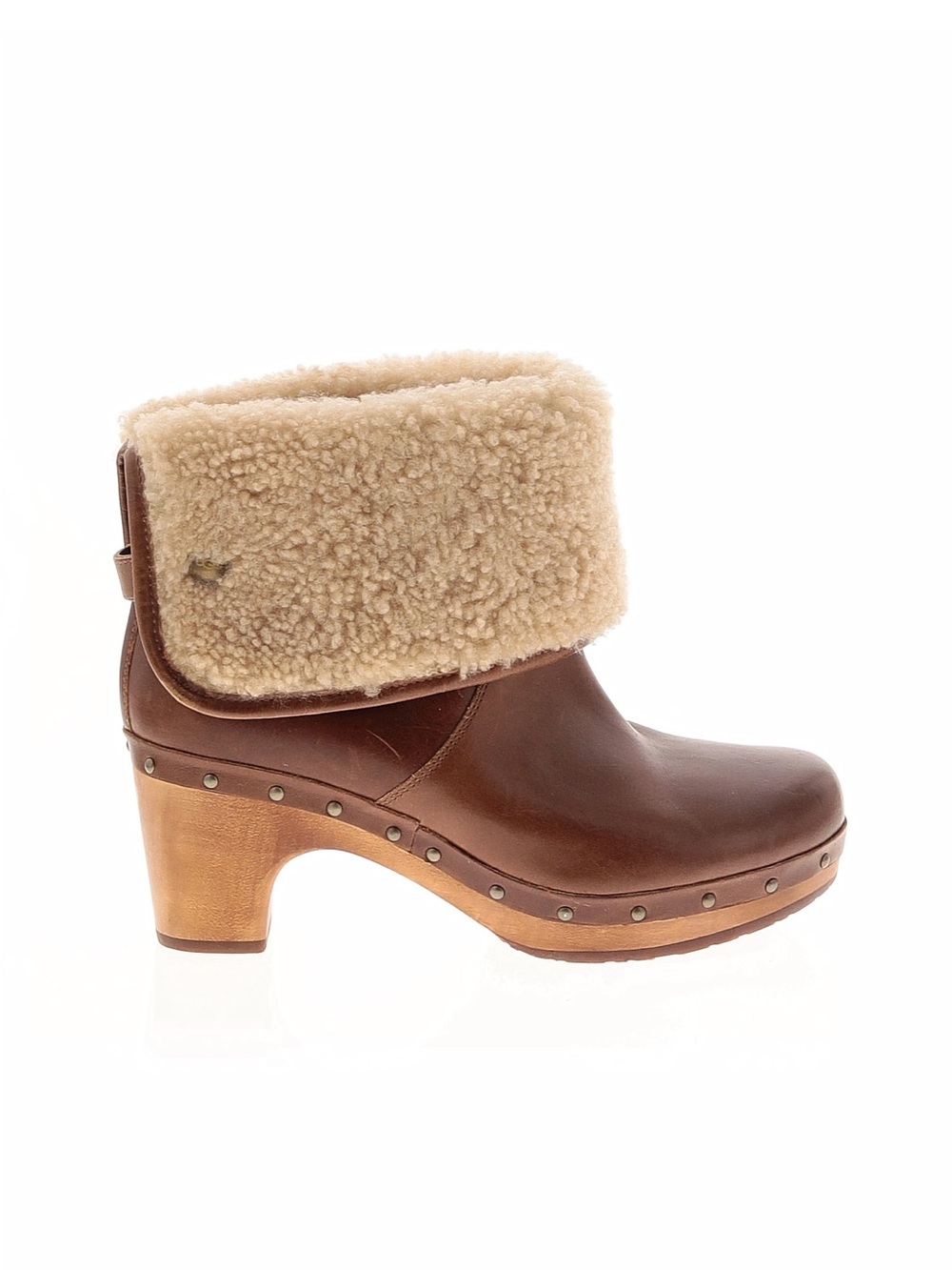 UGG Brown Leather Clog Boot with Cream Shearling Cuff